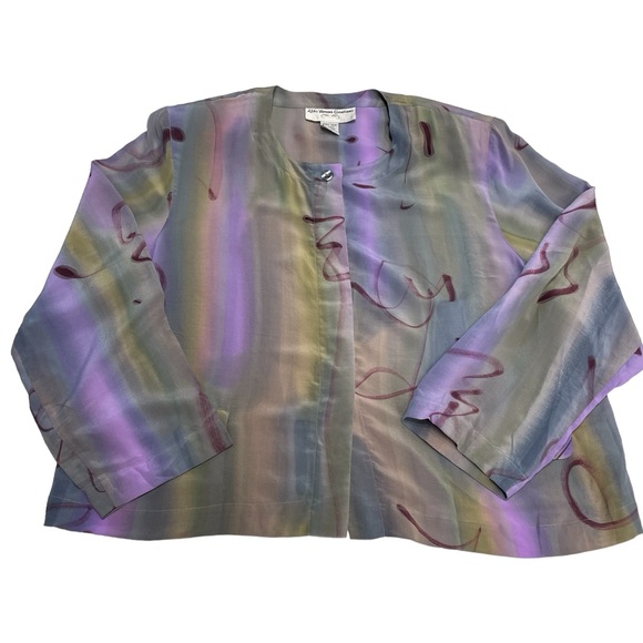 VTG 80s Aliki Yamani Jacket Top Sheer Silk Hidden Buttons Colorful Shoulder Pad - Picture 6 of 12